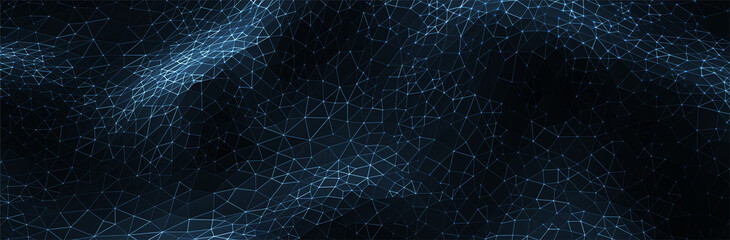 Abstract Blue Background. Dark low poly triangle pattern. Virtual computer Landscape. Technology style. Sci-fi surface. Banner or presentation template. Vector illustration