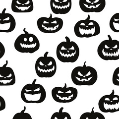 Pumpkins and white background. Vector seamless pumpkins pattern. Black Halloween pumpkins silhouettes wallpaper.