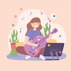 girl learning guitar online