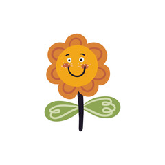 Cute flower card. Print for t shirt, isolated on white. Happy blossom character vector illustration. 