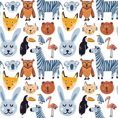 Nursery pattern with animals. Vector illustration of cartoon cute characters. Isolated on white rabbit, bear, zebra, owl, fox, koala, cat, bird, flamingo, toucan