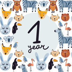 Obraz premium Nursery pattern with animals. Vector illustration of cartoon cute characters. Isolated on white rabbit, bear, zebra, owl, fox, koala, cat, bird, flamingo, toucan. Template for kids.