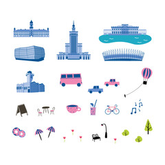 Cute illustrations of Poland landmarks. Simple vector illustration. Landmarks on a white background. Symbols of Warsaw. - obrazy, fototapety, plakaty