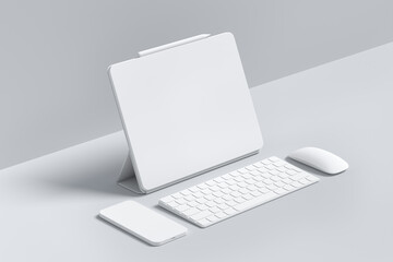 Monochrome computer tablet with keyboard, mouse and phone isolated on white