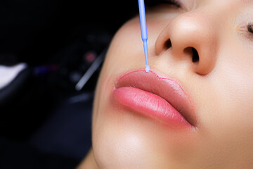 the tattooist applies anesthesia to the contour of the model's lips with a small brush
