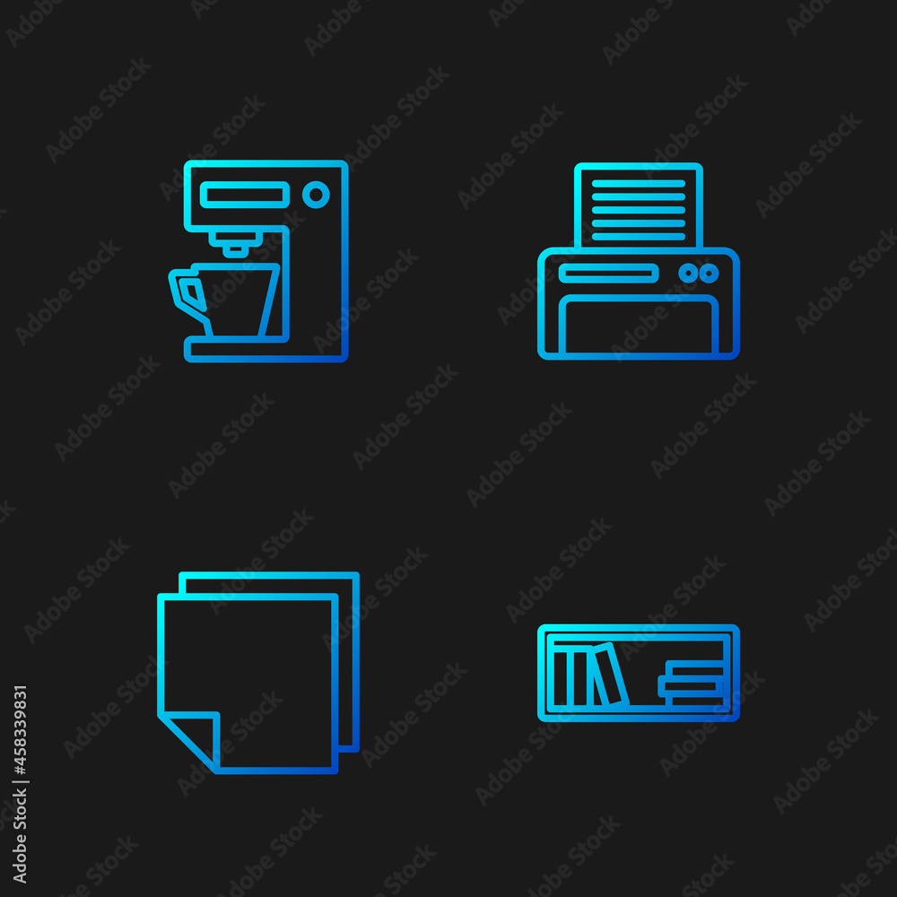 Poster set line shelf with books, post note stickers, coffee machine and printer. gradient color icons. vec