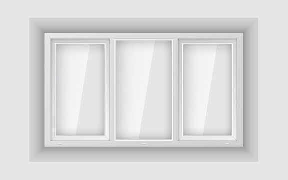 Large triple plastic window on white wall. Realistic plastic window mockup template. White windowpane frame with clear pane.