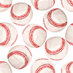 Watercolor illustration of baseball white leather ball with red lace pattern set isolated on white background  - 458341059