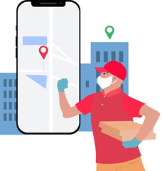 A courier in a red uniform, gloves and a mask. Safe delivery of groceries. Delivery vector. Courier delivery illustration.