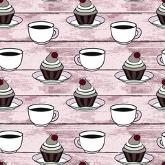 In light brown and chocolate tones, cups with tea or coffee and saucers with casseroles and with cream and cherries randomly repeating on a background of rough wooden plank table seamless. 