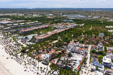 Caribbean city. Aerial view from drone. Travel destinations. Summer vacations. Bavaro. Dominican Republic
