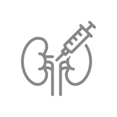 Medical syringe and kidneys line icon. Vaccination, injection, anesthesia, kidney biopsy symbol