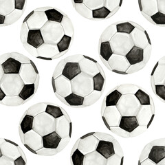 Watercolor illustration of soccer ball sport match pattern set