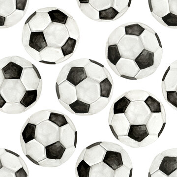 Watercolor illustration of soccer ball sport match pattern set