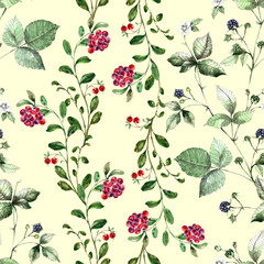 Seamless pattern with watercolor cranberries and blackberry  on cream background.