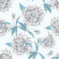Floral seamless pattern with flowers peony on gray background.