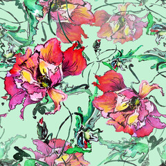 Watercolor seamless pattern with flowers poppy on green background.