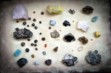 Set of natural minerals on a light background. Top view.