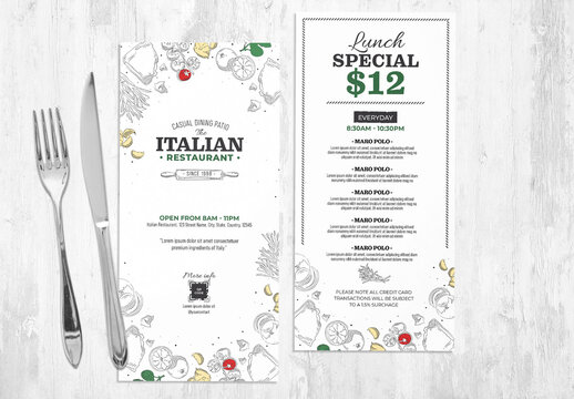 Thin Dl Menu Flyer Card with Italian Food Illustrations