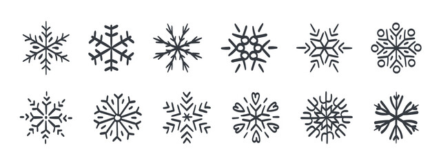 Snowflakes. Hand-drawn snowflakes. Snowflakes icons of different styles and shapes. Vector illustration