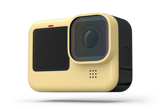 Photo and video lightweight yellow action camera with display on white