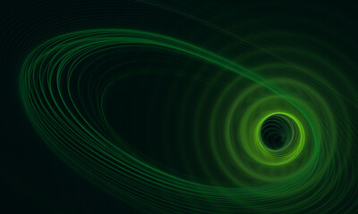 Glowing green radiance, radio waves or laser light in dynamic vortex creating black hole or portal into deep unknown. Digital artistic 3d representation of sound, technology innovation or sci fi.