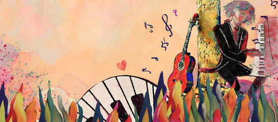 Autumn concert. World of music. Watercolor. © pronoia