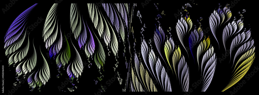 Poster beautiful abstract leaves are collected in groups and create a colorful pattern on a black backgroun