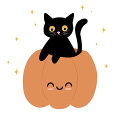 cute cartoon halloween vector illustration with adorable black cat in a pumpkin