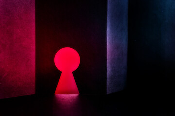 abstract textured wall with keyhole dark neon lights