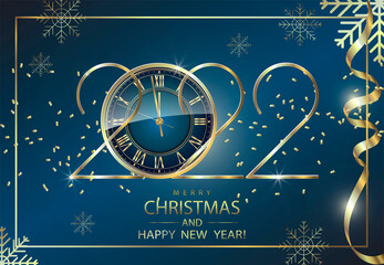 Postcard, banner Merry Christmas and Happy New Year. Gold decor, date on a blue background.