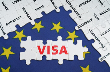 The EU flag has city name puzzles and puzzles with the words - Visa