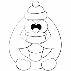 Cute cartoon Penguin with Coffee Cup. Draw illustration in black and white