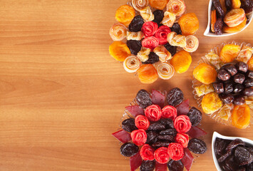 Beautiful and delicious dried fruits on the table.