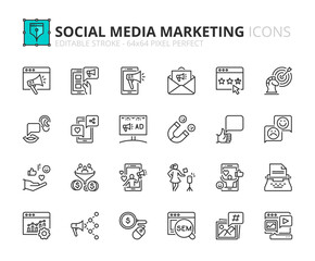 Simple set of outline icons about social media marketing