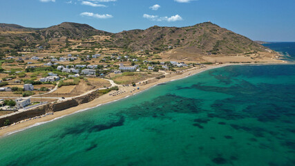 Fototapeta premium Aerial drone photo of paradise sandy emerald beach of Girismata, Aegean sea, Skiros island, Sporades, Greece
