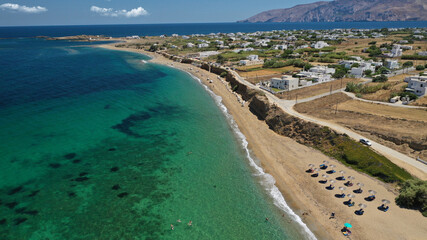Fototapeta na wymiar Aerial drone photo of paradise sandy emerald beach of Girismata, Aegean sea, Skiros island, Sporades, Greece