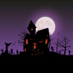 Halloween 2021. City panorama in halloween style. Scary halloween isolated background. Scary hilltop mansion. Vector Illustration.