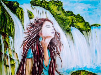 Innere Ruhe - Acryl Malerei - Frau enspannt in der Natur bei dem rauschen des Wasserfalls