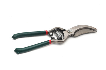 Obraz premium Pruning scissors (Pruning shears, Garden secateurs) with green grip isolated on white background