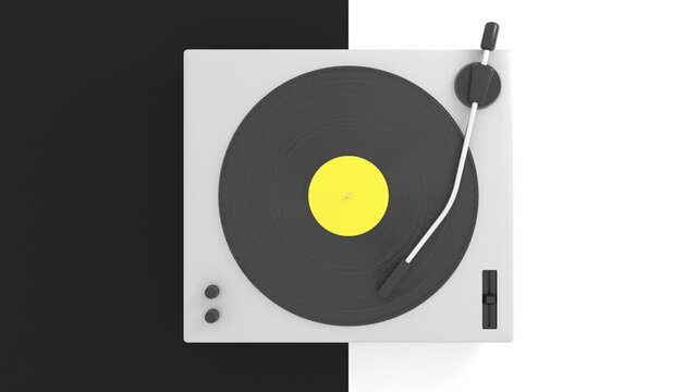 
Vintage vinyl record with yellow label on dj turntable on black and white combined background. Retro sound technology concept to play music. Top view animation