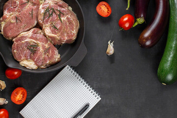 Delicious and tasty steak. fresh and healthy meat. Meat and vegetables. View from above. Recipe. Copy pace