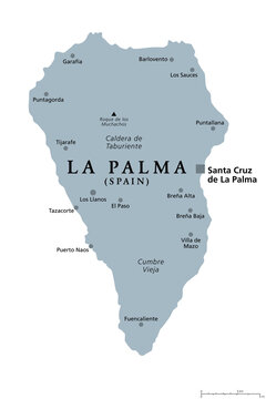 La Palma island, gray political map with capital Santa Cruz. San Miguel de La Palma, north-western island of Canary Islands, autonomous community of Spain. With Caldera de Taburiente and Cumbre Vieja.
