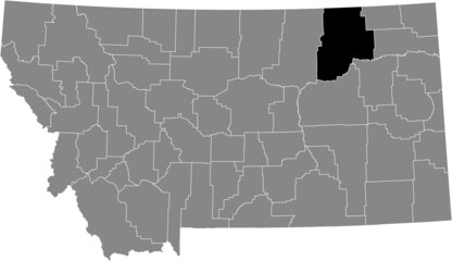 Black highlighted location map of the Valley County inside gray map of the Federal State of Montana, USA