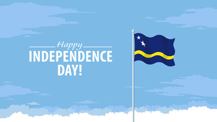 Detailed flat vector illustration of a flying flag of Curaçao in front of a cloudy sky background. Happy Independence Day.