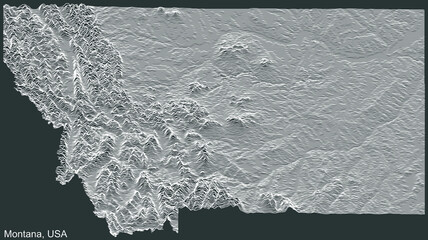 Topographic negative relief map of the Federal State of Montana, USA with white contour lines on dark gray background