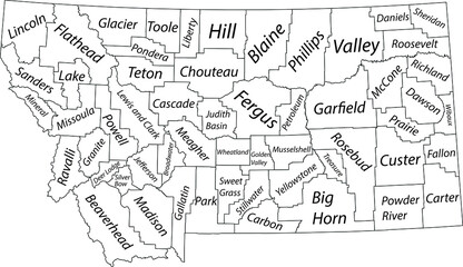 White vector map of the Federal State of Montana, USA with black borders and name tags of its counties