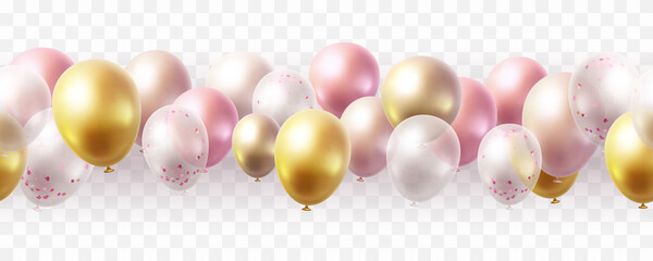 Balloon seamless border isolated on transparent background. Vector realistic gold, pink, bronze, golden rose, white and silver festive 3d helium balloons for anniversary, birthday party design