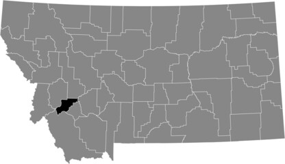 Black highlighted location map of the Deer Lodge County inside gray map of the Federal State of Montana, USA