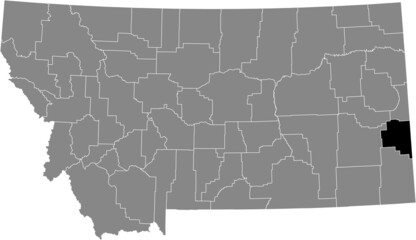 Black highlighted location map of the Fallon County inside gray map of the Federal State of Montana, USA